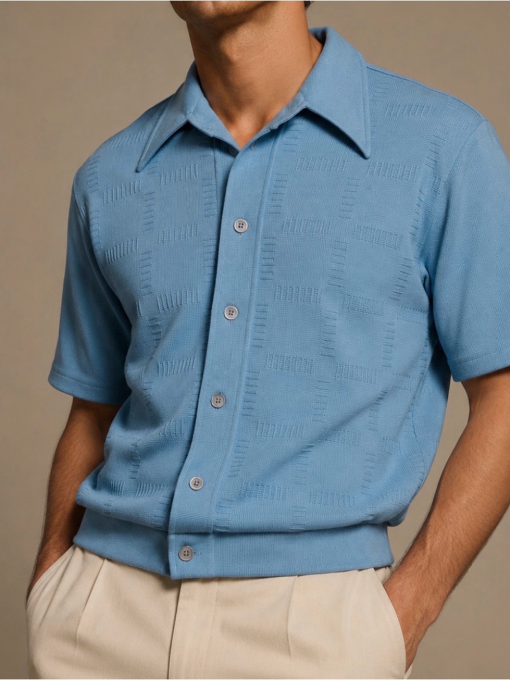 Vintage 70’s Towncraft Sky Blue Short-Sleeve Knit Button-Down Shirt